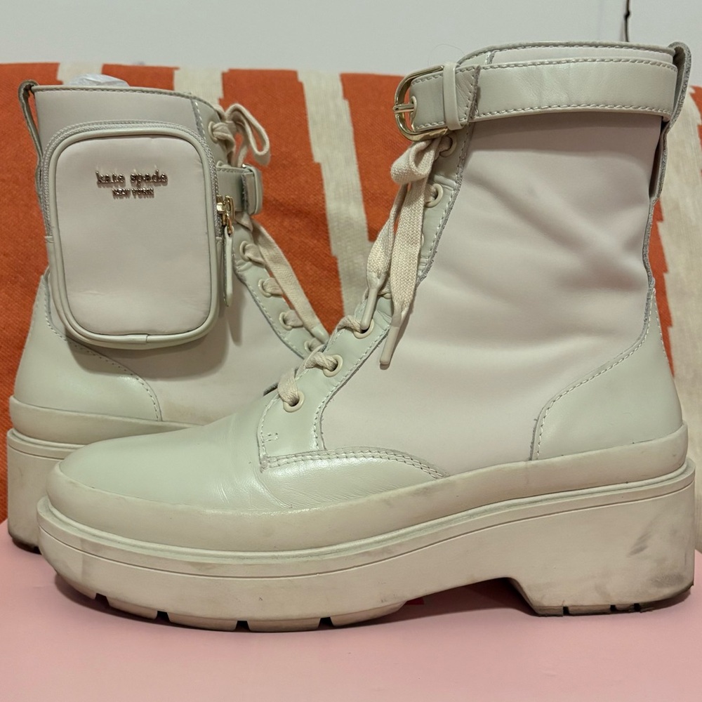 Kate Spade Winona Chunky Combat Boots with Ankle Strap Pouch - Milk Glass Sz8